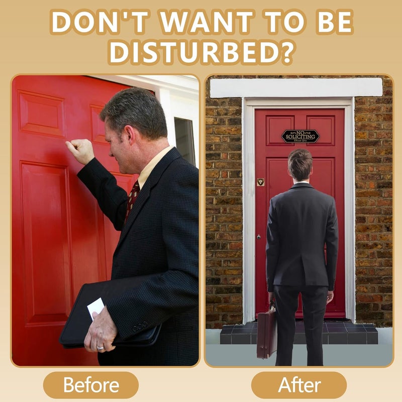 LUHIMO No Soliciting Sign for Front Door, Self-Adhesive Vinyl No Solicitors Modern Sign for House?Home, Business, Apartments,and Office Door (Black Gold) - Image 5